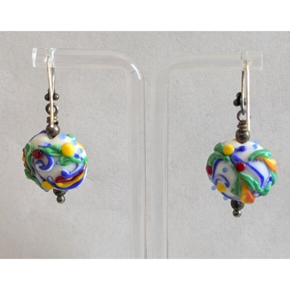 Hand Blown Glass Bead Earrings Colorful Swirls Sterling Silver Hooks - Picture 11 of 13